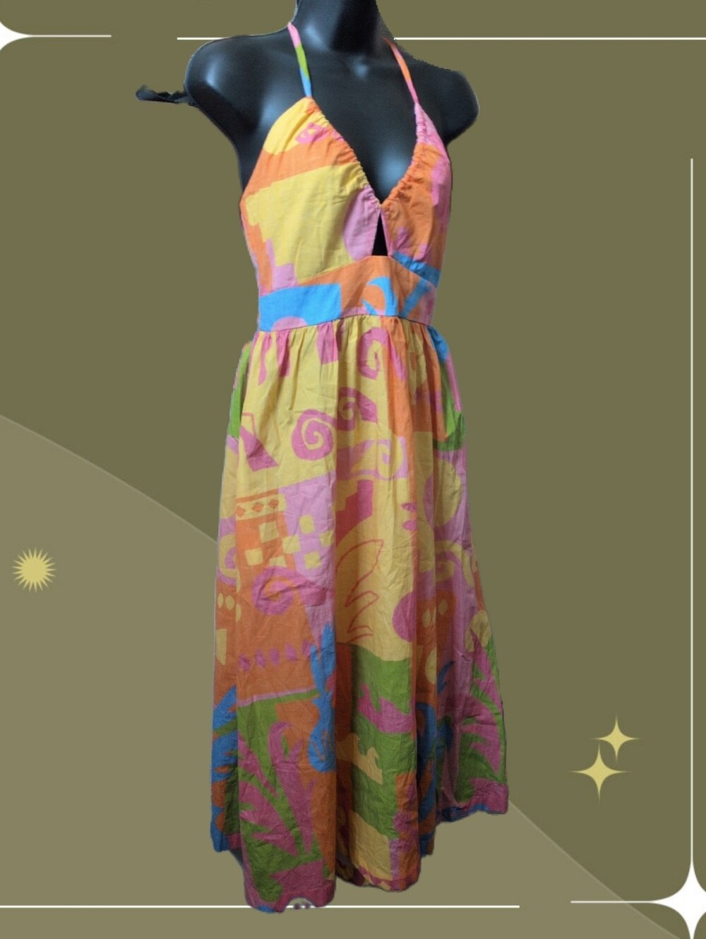 ✨Paradisa Maldives Orange Multi Cotton Abstract Print Midi Dress size s